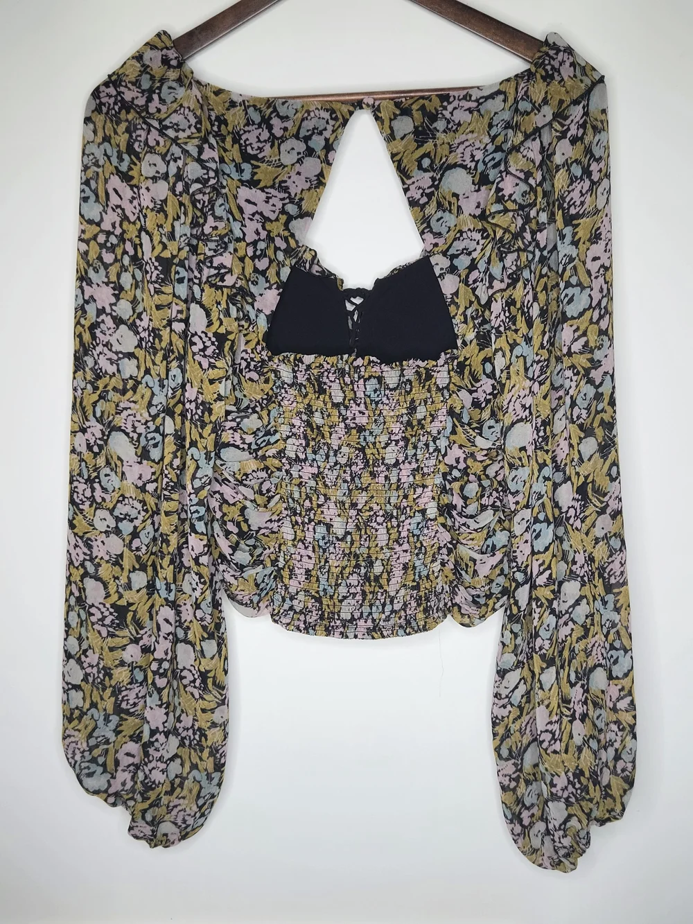 Free People Mabel Printed Blouse Open Back Ruched Floral Balloon Sleeve -M